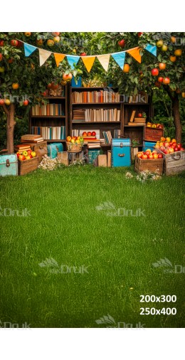 Tło fotograficzne – plenerowa biblioteka z książkami, jabłkami i walizkami | 3712
